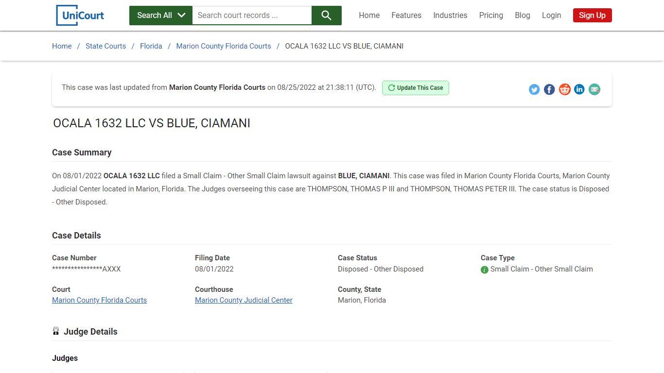 OCALA 1632 LLC VS BLUE, CIAMANI | Court Records - UniCourt